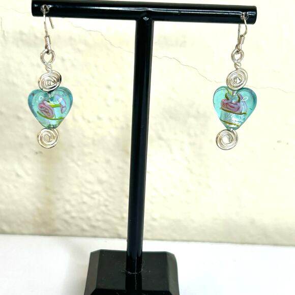 Heart Shaped Lampwork Glass Beads Blue Pink Sterling Silver Hardware Earrings - Picture 2 of 4